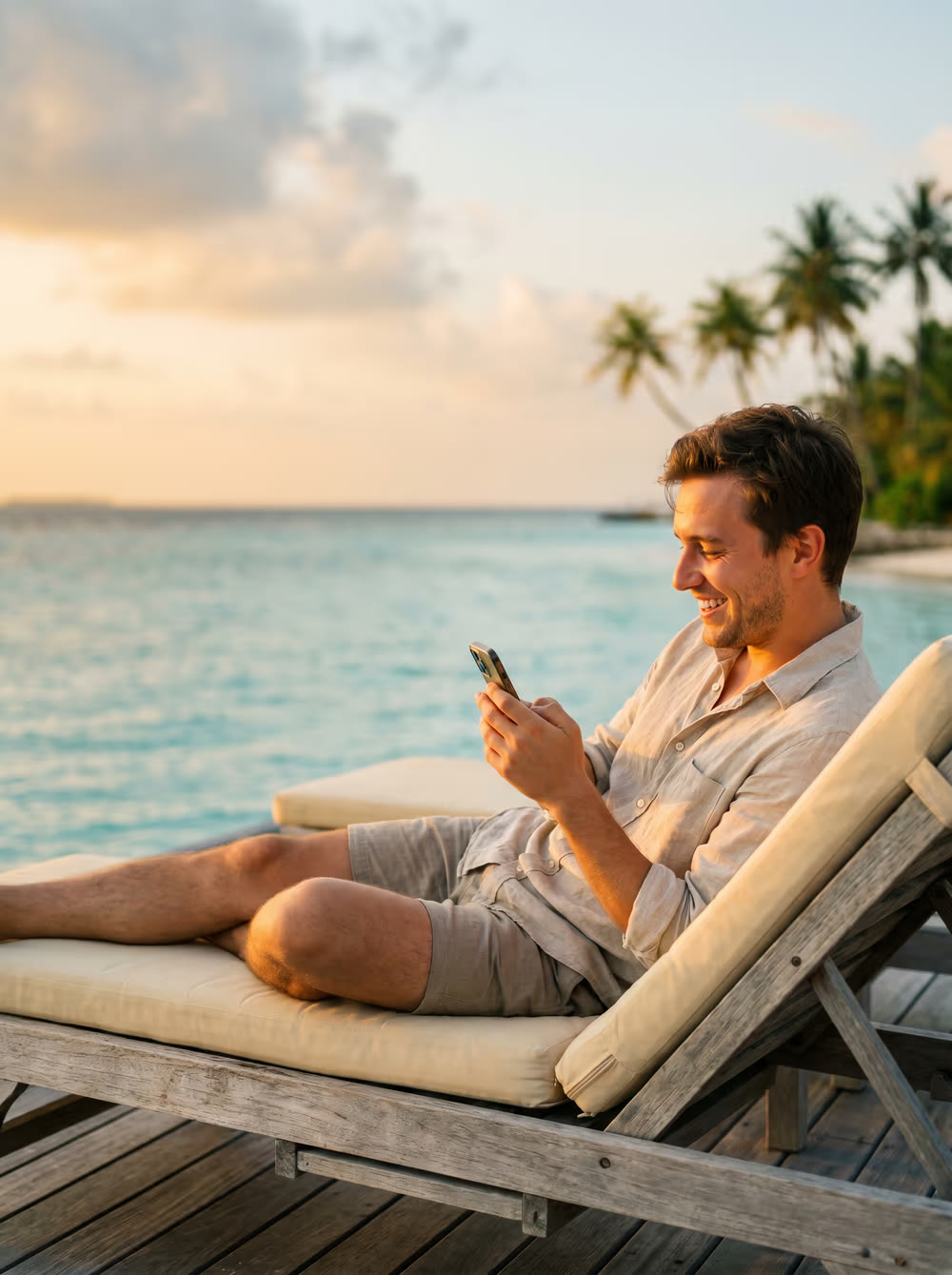 Chatter verdient entspannt vom Strand aus mit dem Smartphone